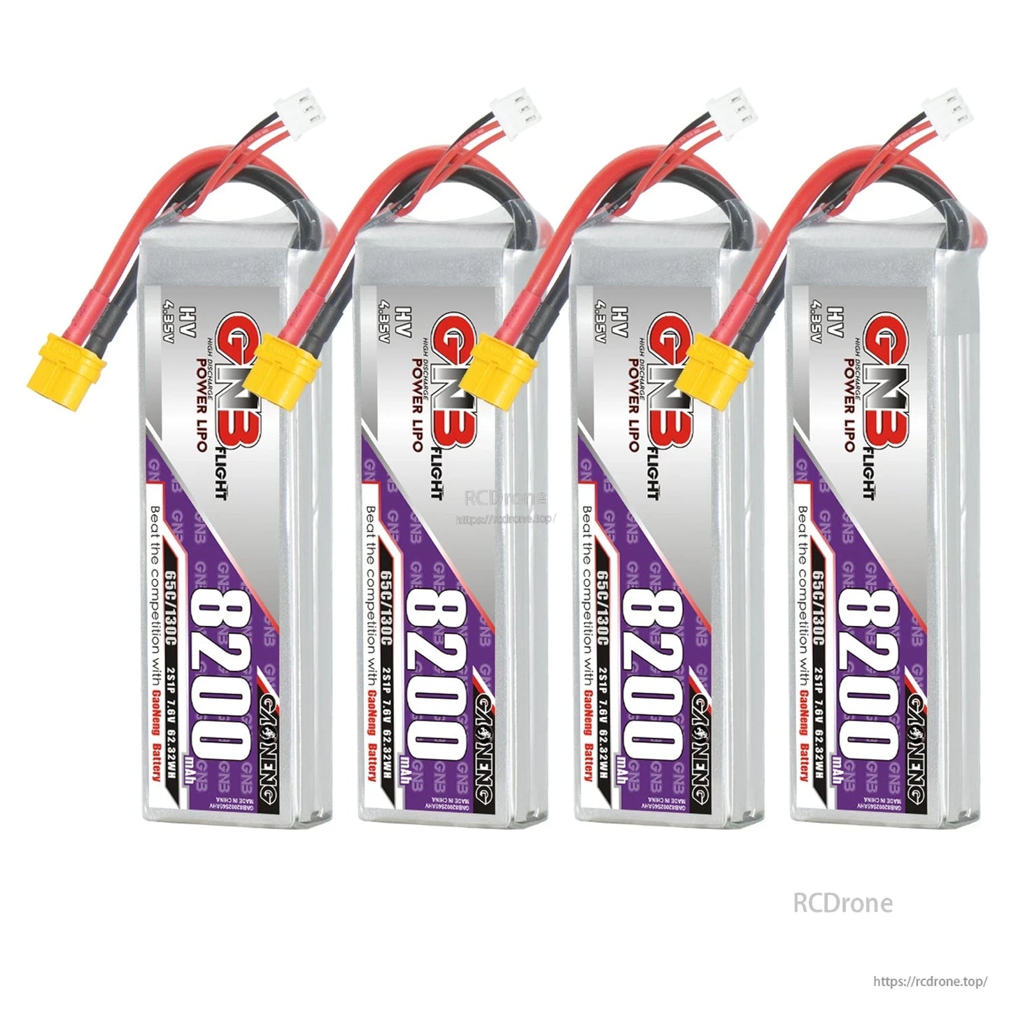 Four-pack set of GNB 8200 HV 2S LiPo batteries shown upright with XT60 plugs