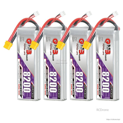 Four-pack set of GNB 8200 HV 2S LiPo batteries shown upright with XT60 plugs