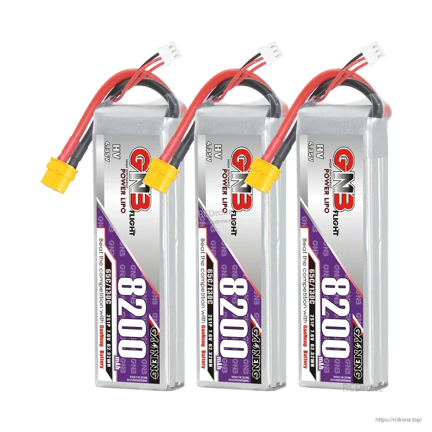 Three-pack set of GNB 8200 HV 2S LiPo batteries lined up with XT60 connectors