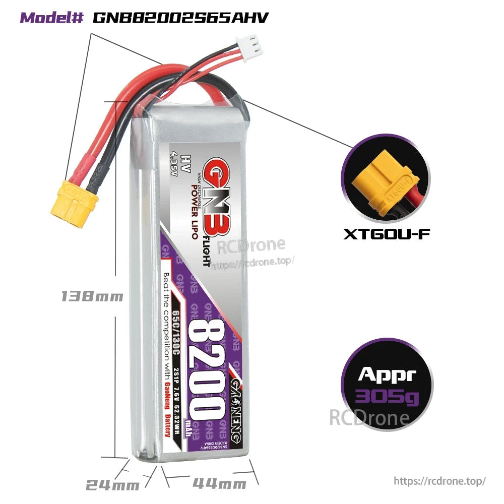 Battery dimensions 138×44×24 mm with XT60U-F connector close-up and approx 305 g callout