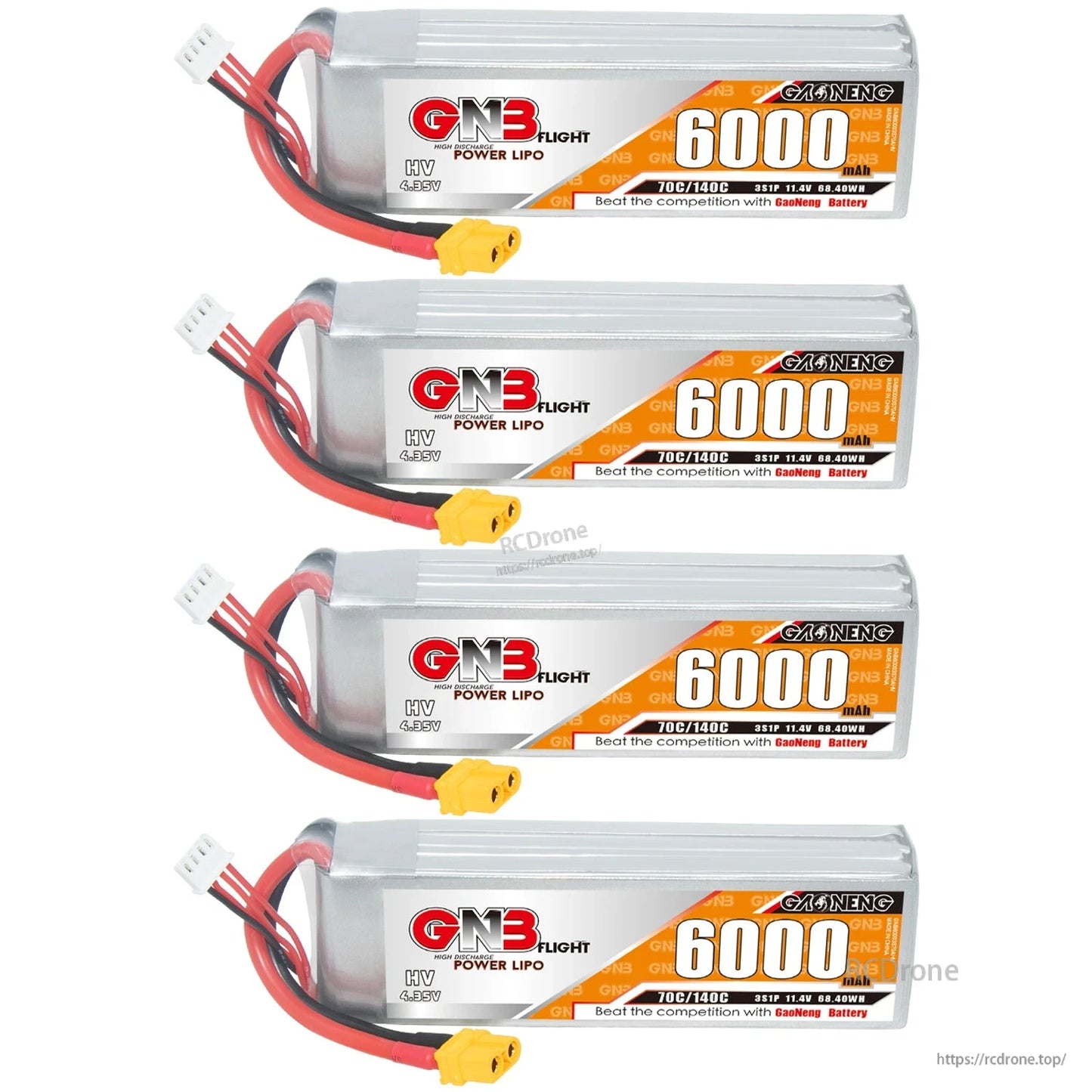 Four GNB HV 3S 6000mAh LiHV LiPo battery packs shown in a vertical set with XT60 plugs