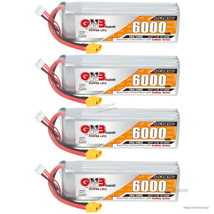 Four GNB HV 3S 6000mAh LiHV LiPo battery packs shown in a vertical set with XT60 plugs