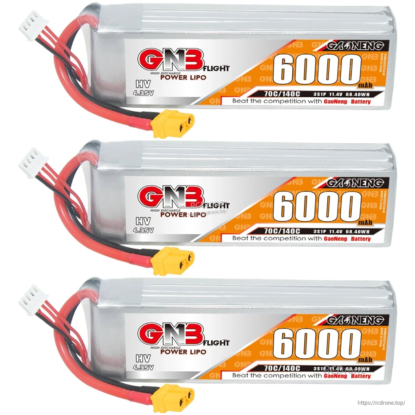 Three GNB HV 3S 6000mAh LiHV LiPo batteries lined up, each with XT60 connector and balance lead