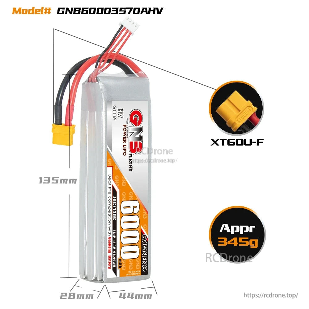 Battery dimension diagram showing approx 135×44×28mm size, XT60U-F connector, and approx 345g weight