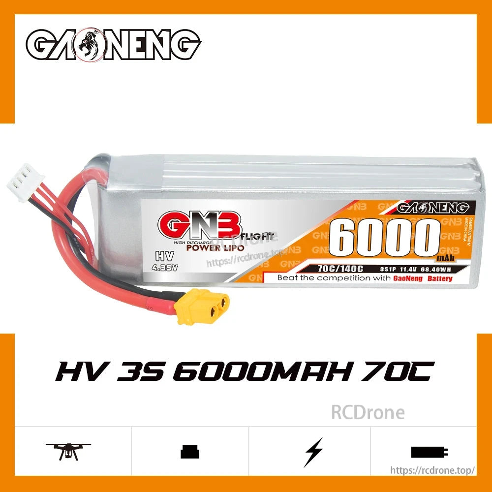 GAONENG GNB HV 3S 6000mAh 70C LiHV LiPo battery label view showing 70C/140C and 11.4V 68.4Wh