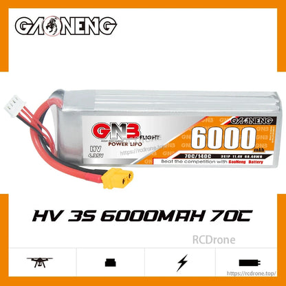 GAONENG GNB HV 3S 6000mAh 70C LiHV LiPo battery label view showing 70C/140C and 11.4V 68.4Wh