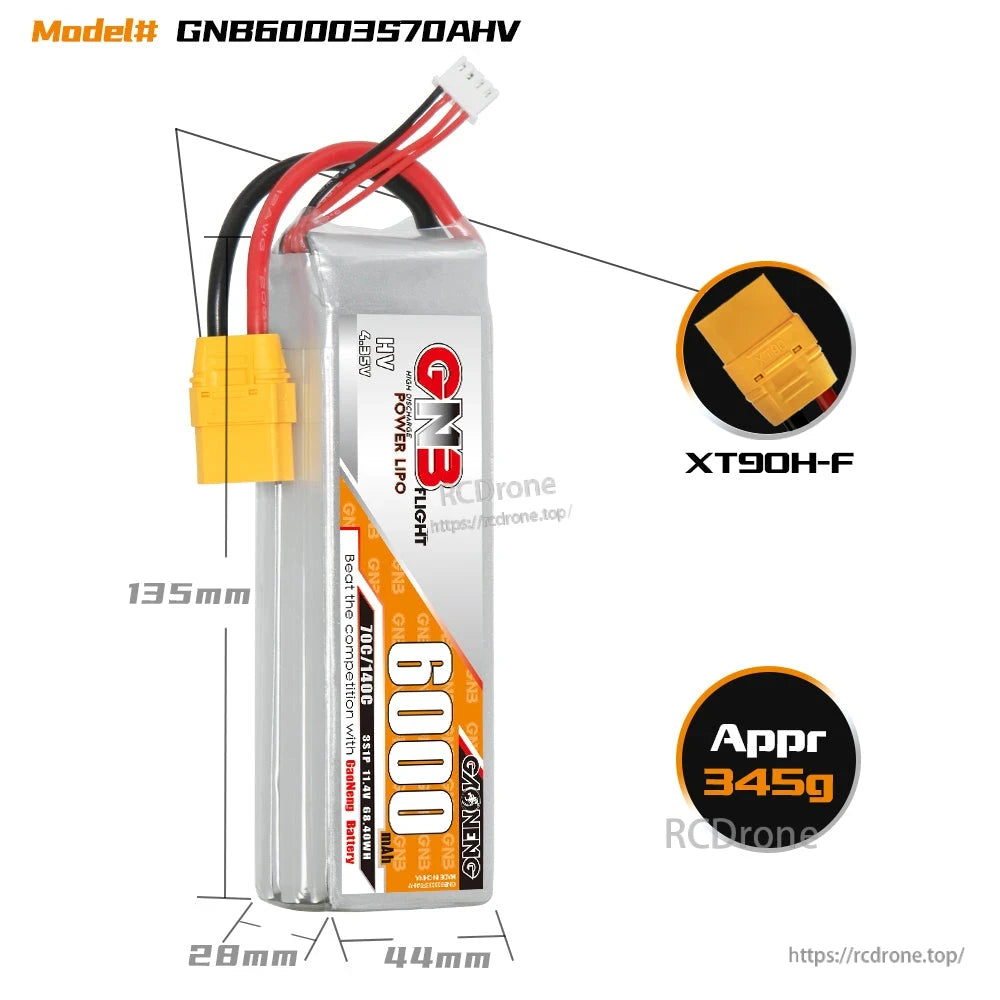 Battery dimensions and weight diagram: 135 x 44 x 28mm, approx 345g, XT90H-F plug