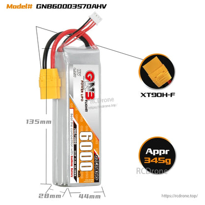 Battery dimensions and weight diagram: 135 x 44 x 28mm, approx 345g, XT90H-F plug