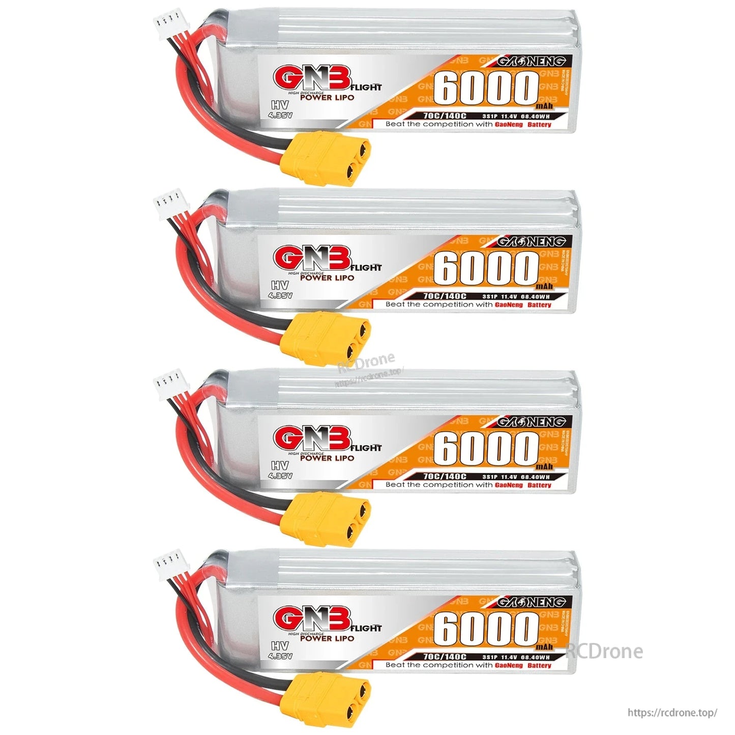 Four GNB 6000mAh LiHV packs stacked vertically with XT90 connectors and balance leads