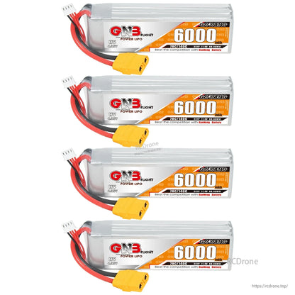 Four GNB 6000mAh LiHV packs stacked vertically with XT90 connectors and balance leads