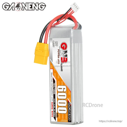 Side profile of GNB 6000mAh pack showing label strip and wire exit at top
