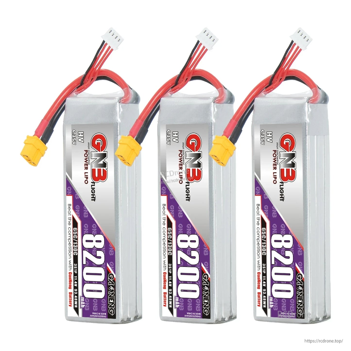 Three-pack display of GNB 8200 HV batteries standing upright with XT60 leads