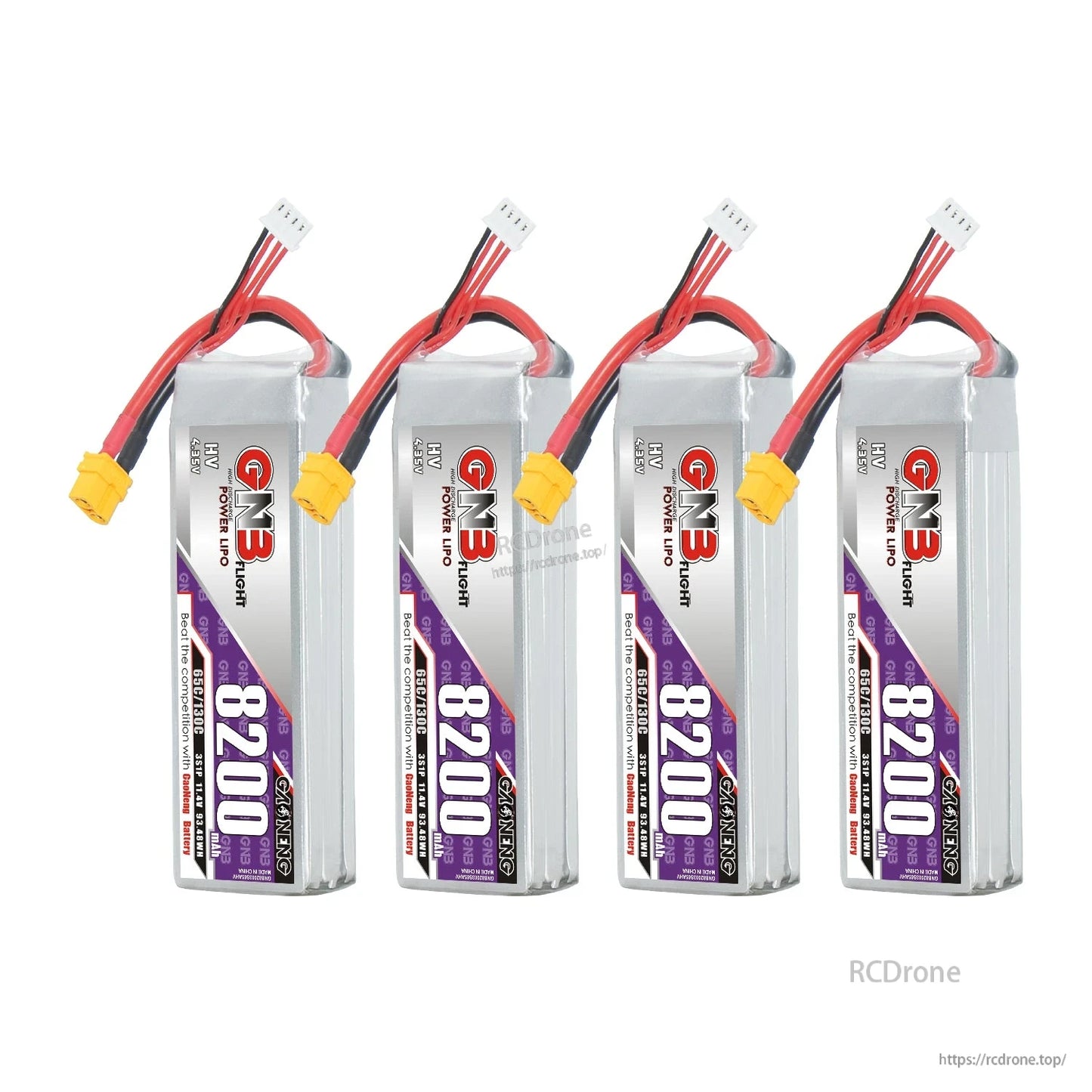 Four GNB 8200 HV batteries upright lineup showing connectors and balance leads