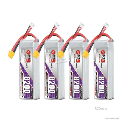 Four GNB 8200 HV batteries upright lineup showing connectors and balance leads