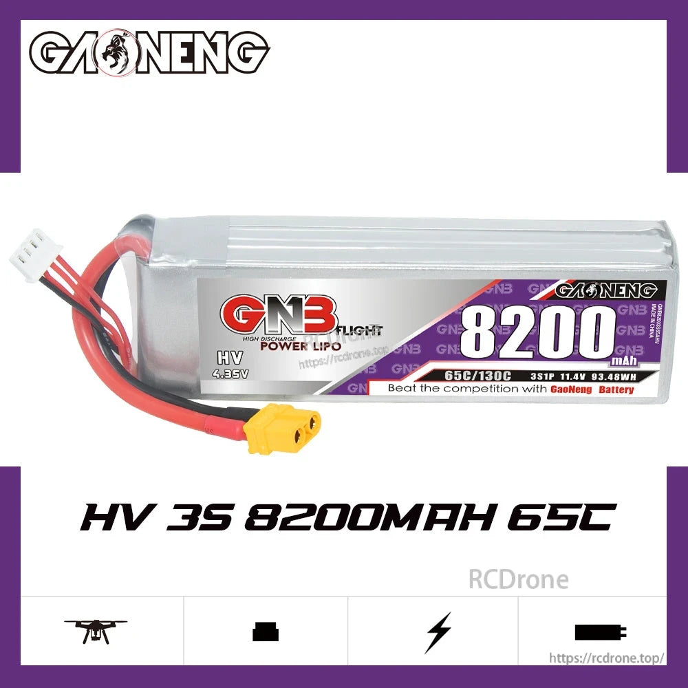 GNB HV 3S 8200mAh 65C battery graphic showing label and RC drone icon