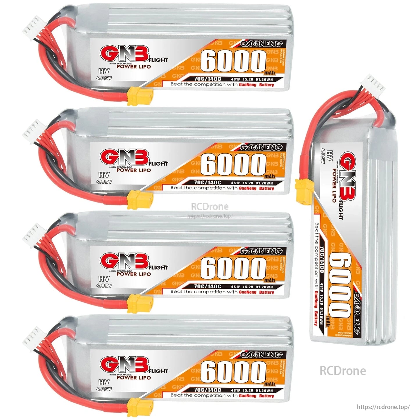 Four packs shown plus one upright GNB HV 4S 6000mAh LiHV battery to show thickness/profile