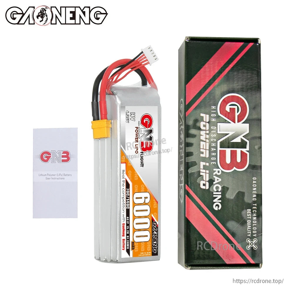 Package contents: GNB HV 4S 6000mAh battery, GNB Racing box, and instruction leaflet