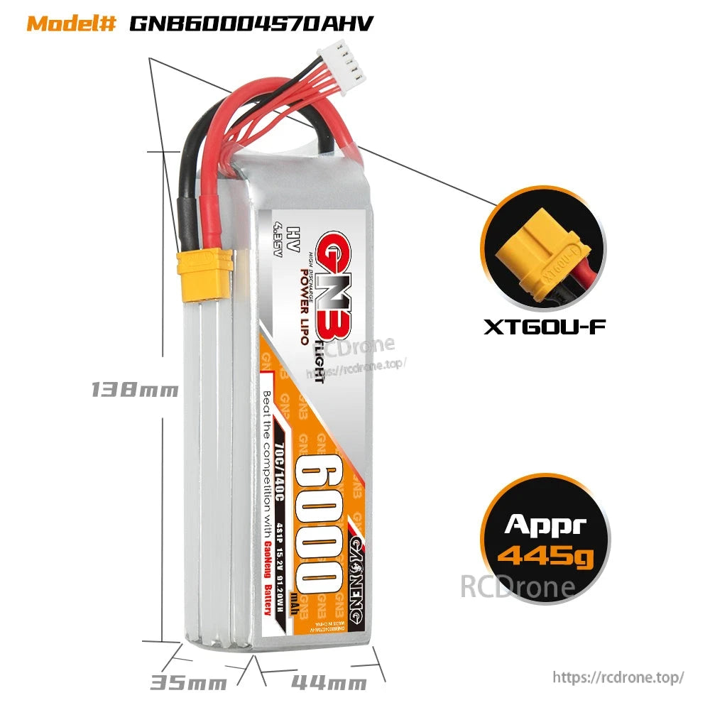 GNB60004S70AHV battery dimensions and XT60U-F connector callout, approx weight 445g graphic