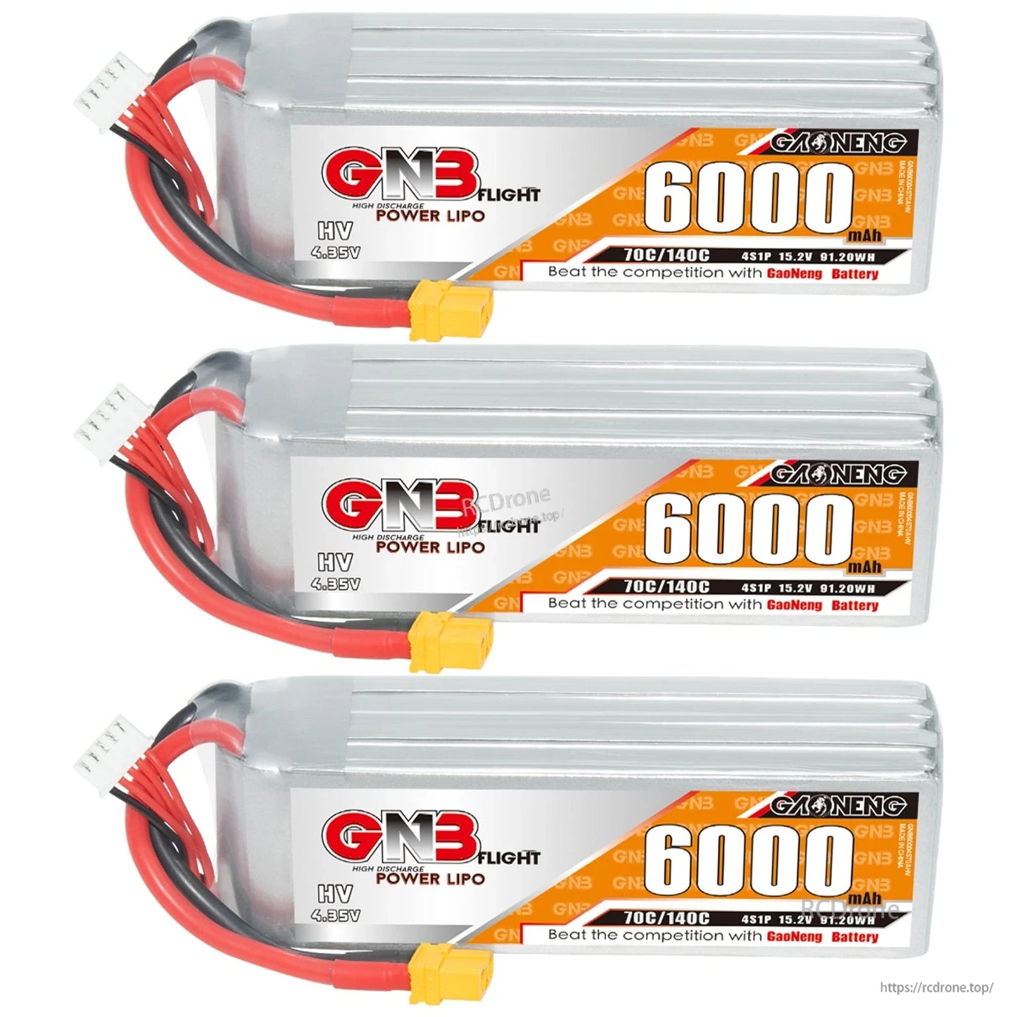 Three GNB HV 4S 6000mAh LiHV LiPo packs stacked horizontally with XT60 connectors