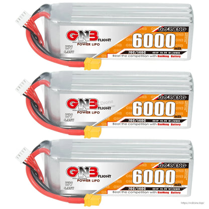 Three GNB HV 4S 6000mAh LiHV LiPo packs stacked horizontally with XT60 connectors