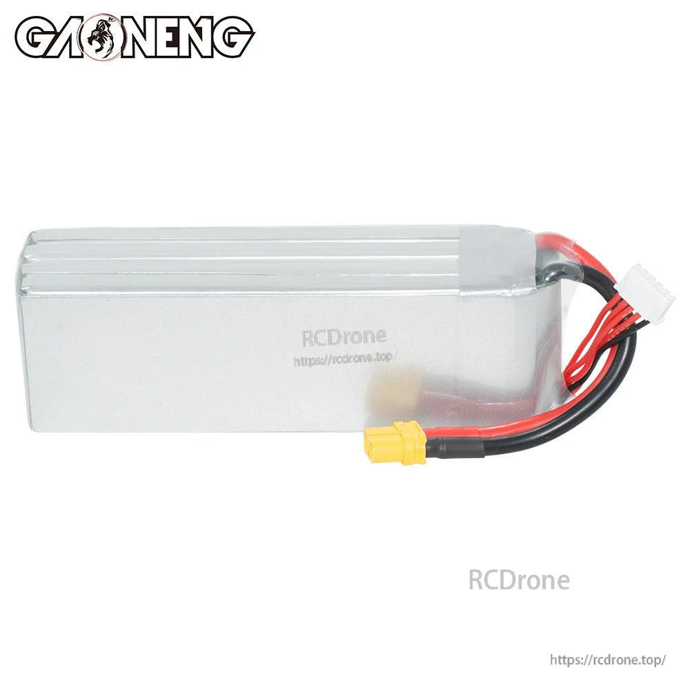 Rear/plain side view of silver LiPo pack showing wiring exit and XT60 plug