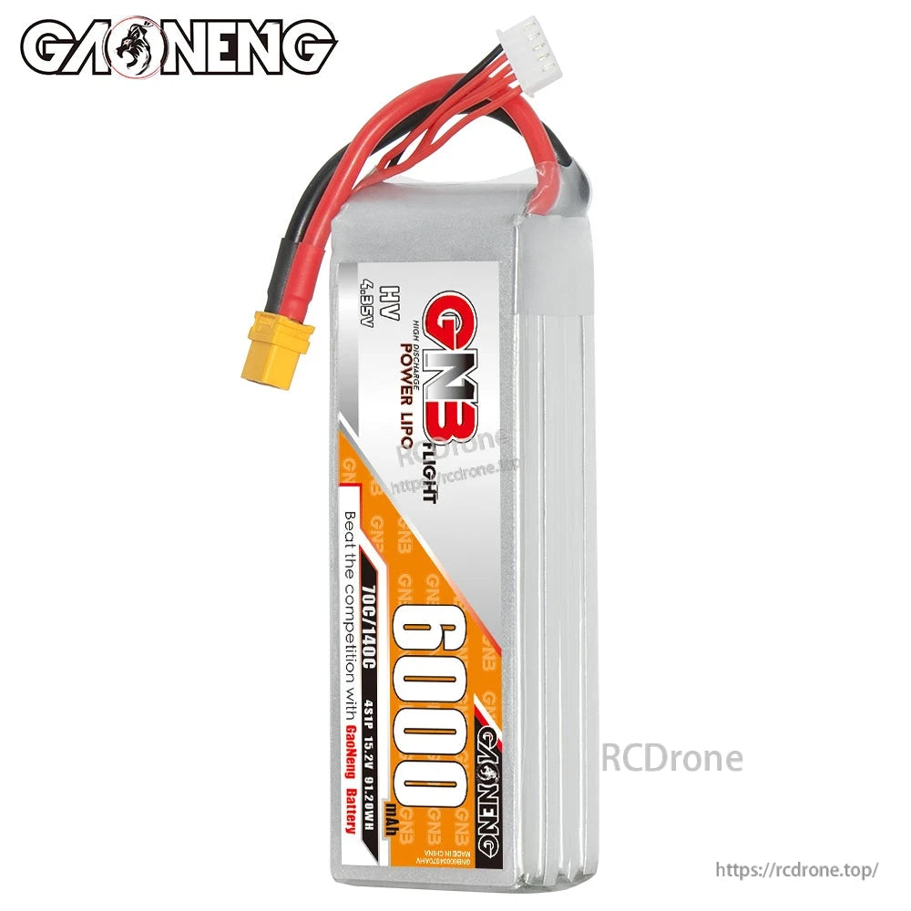 Front label view of GNB HV 4S 6000mAh pack with leads and balance connector visible