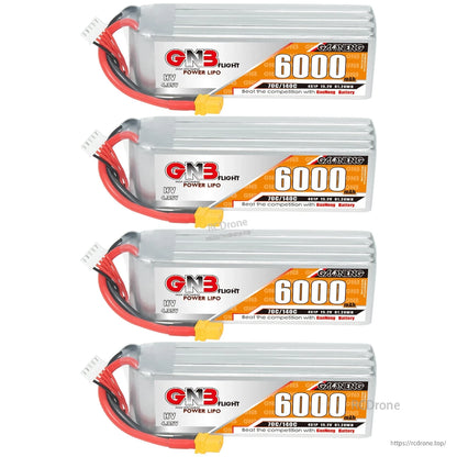 Four GNB HV 4S 6000mAh LiHV LiPo battery packs stacked, each with balance lead and XT60