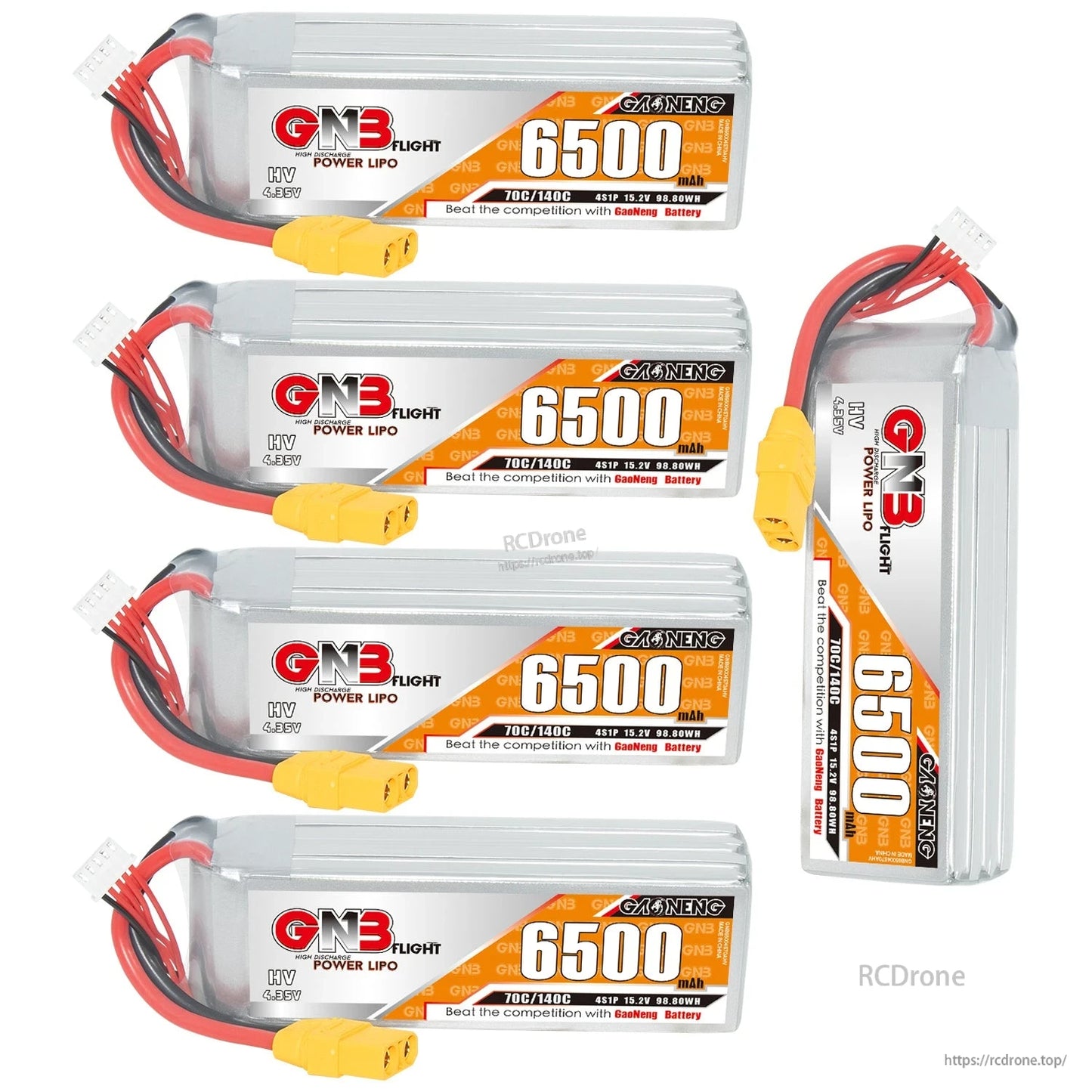 Five GNB Flight 6500mAh HV LiPo batteries—four horizontal plus one upright side view