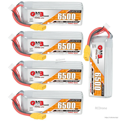 Five GNB Flight 6500mAh HV LiPo batteries—four horizontal plus one upright side view