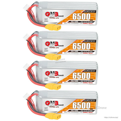Four GNB Flight 6500mAh HV LiPo batteries shown in a vertical stack with XT90 connectors