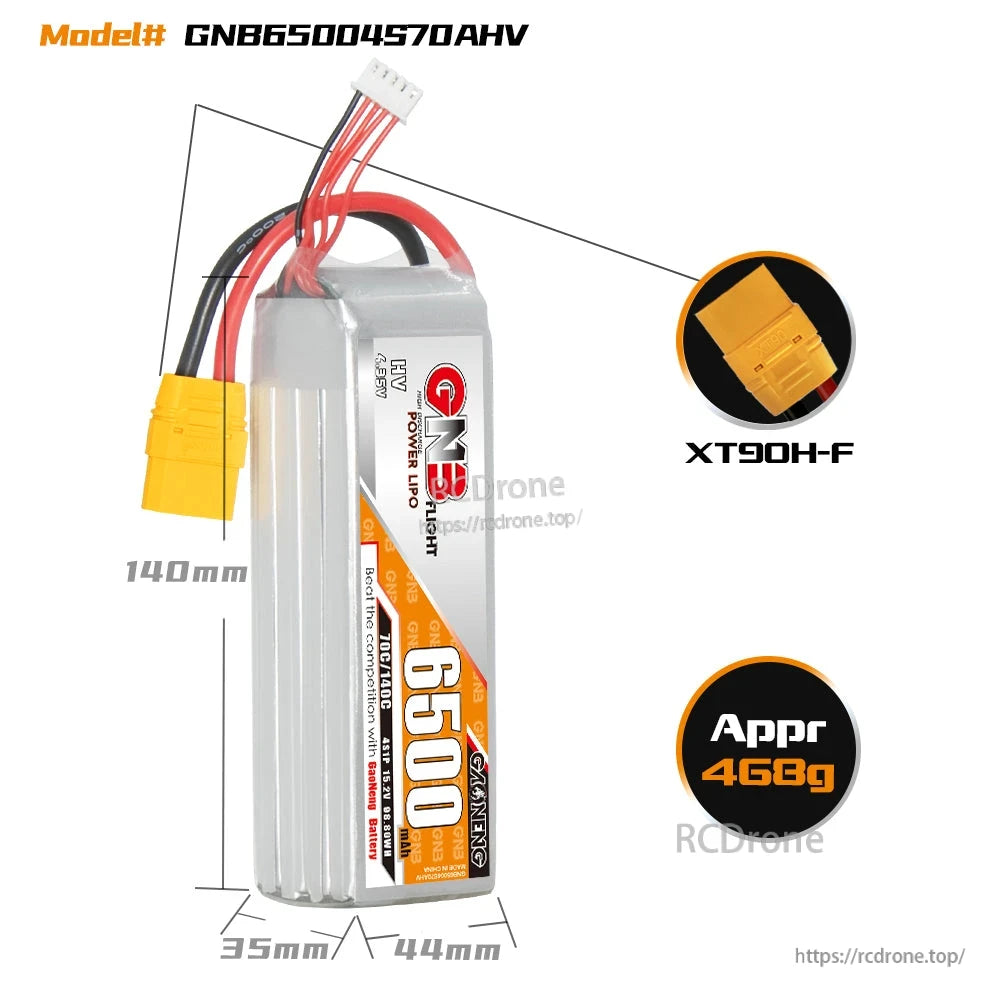 GNB65004S70AHV battery dimensions diagram with XT90H-F connector callout and approx weight 468g
