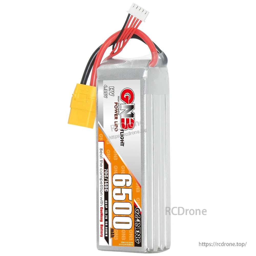 Side view of GAONENG GNB HV 4S 6500 battery showing thickness and wires exiting top