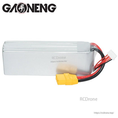 Rear view of silver hardcase LiPo pack showing smooth side and XT90 plug with balance connector