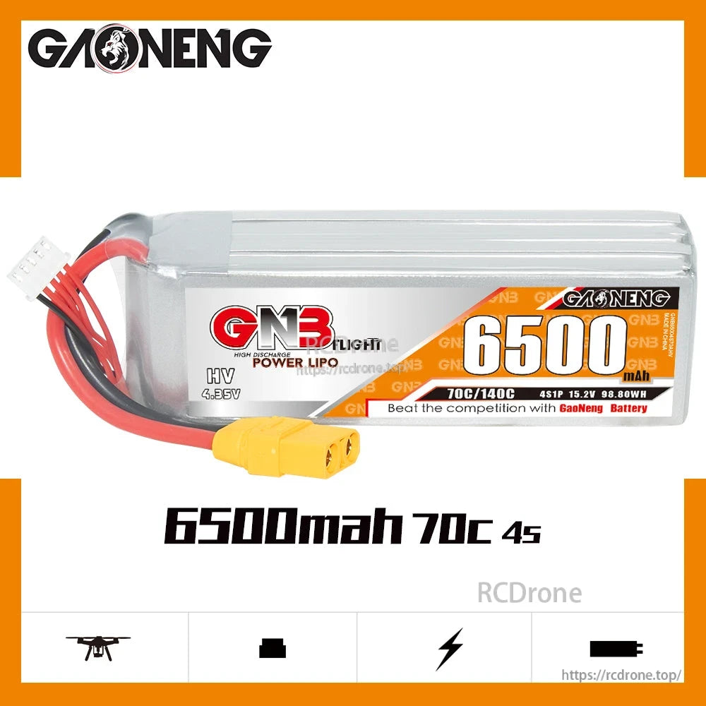 GAONENG GNB Flight 6500mAh 70C 4S HV LiPo battery label graphic with product shown