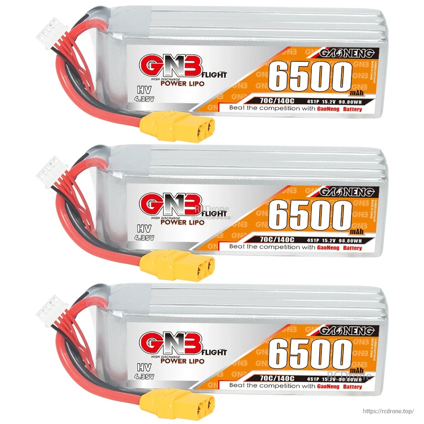 Three GNB Flight 6500mAh HV LiPo batteries aligned, each with XT90 connector and balance lead