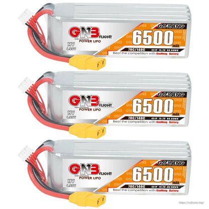 Three GNB Flight 6500mAh HV LiPo batteries aligned, each with XT90 connector and balance lead