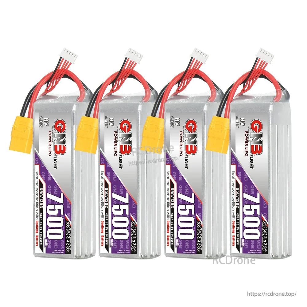 Four GNB 7500mAh LiHV batteries shown side by side upright with XT90 and balance leads