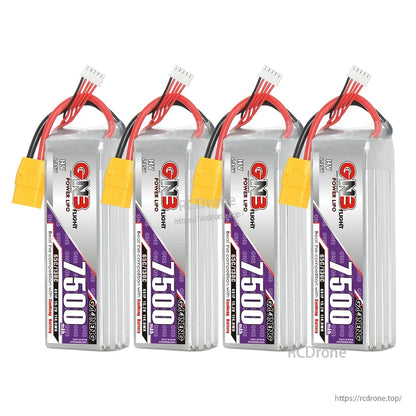Four GNB 7500mAh LiHV batteries shown side by side upright with XT90 and balance leads