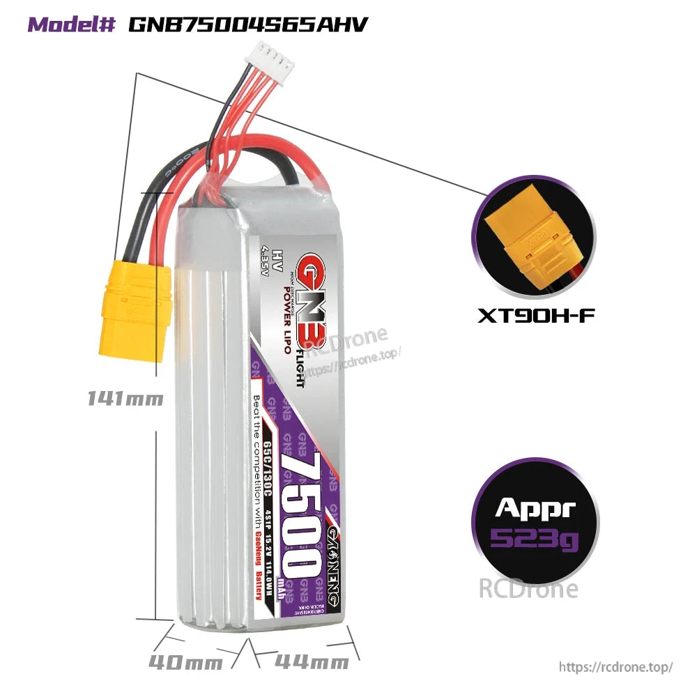 GNB75004S65AHV battery dimensions diagram with XT90H-F connector and approx 523g weight
