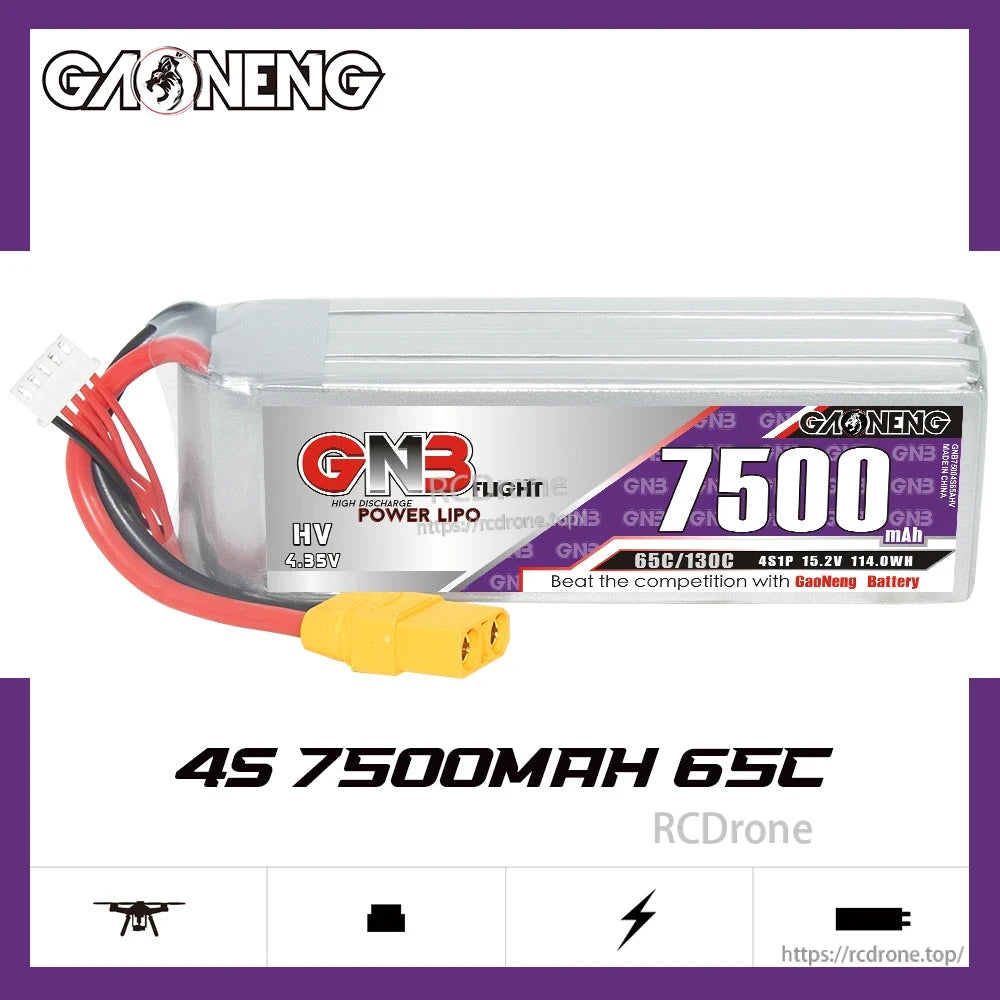 GAONENG GNB HV 4S 7500mAh 65C battery label view with XT90 plug and balance connector