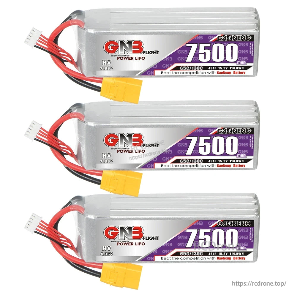 Three GAONENG GNB 7500mAh LiHV batteries shown stacked horizontally with XT90 connectors