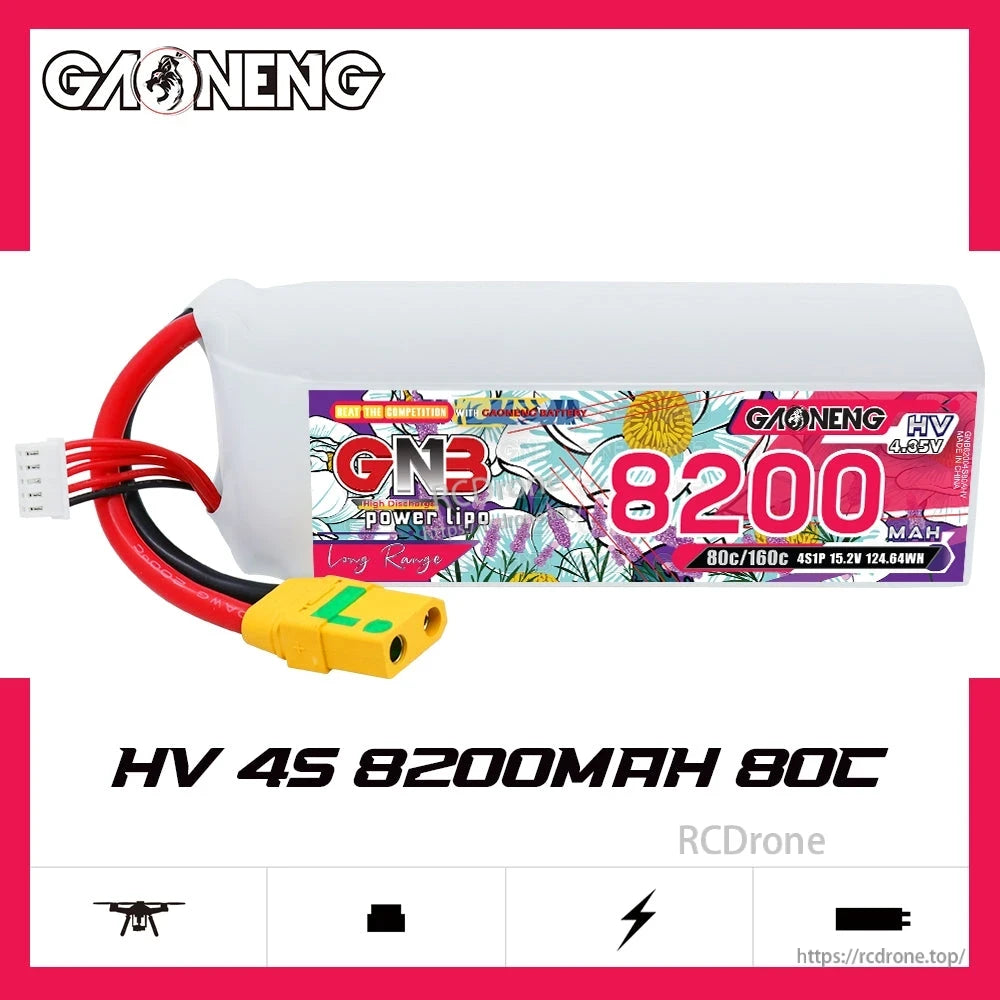GAONENG GNB HV 4S 8200mAh 80C LiHV LiPo battery XT90S, side profile on white background