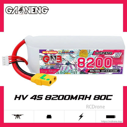 GAONENG GNB HV 4S 8200mAh 80C LiHV LiPo battery XT90S, side profile on white background
