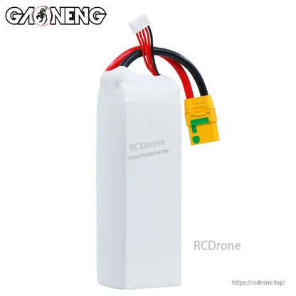 Rear/plain side view of white GNB battery pack showing leads and XT90S anti-spark connector