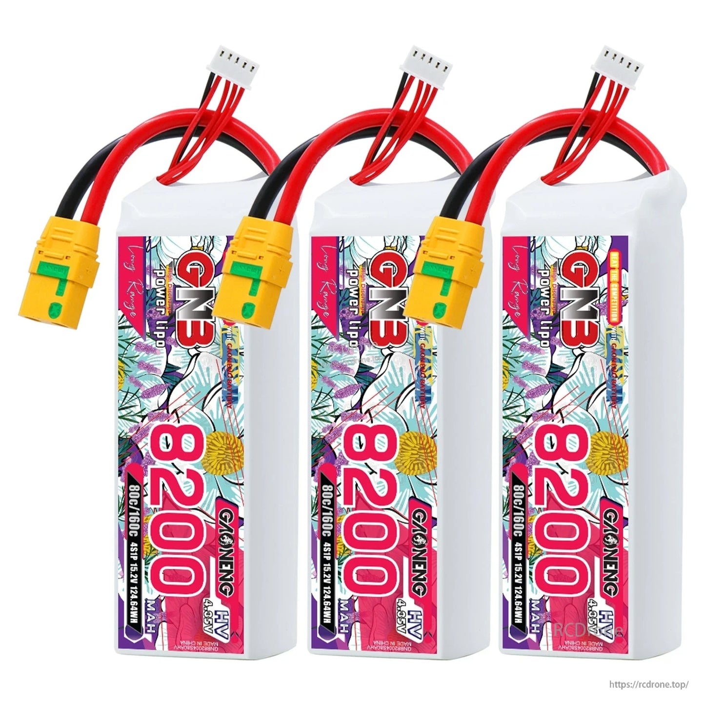 Three GNB 8200mAh LiHV 4S battery packs lineup with XT90S anti-spark connectors
