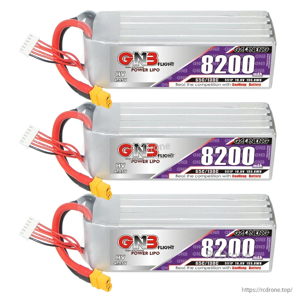 Three-pack group image of GNB HV 5S 8200mAh LiPo batteries with XT60 connectors