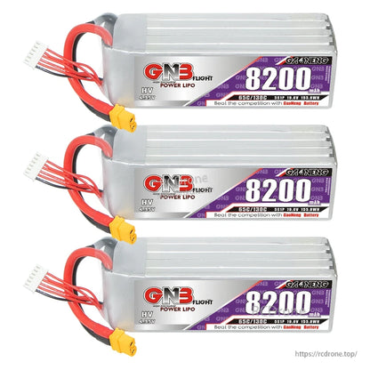 Three-pack group image of GNB HV 5S 8200mAh LiPo batteries with XT60 connectors