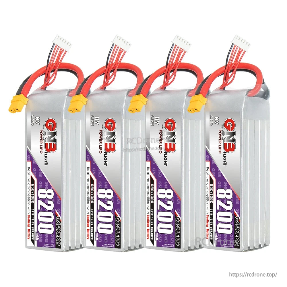 Four-pack group image of GNB HV 5S 8200mAh LiPo batteries lined up with balance leads