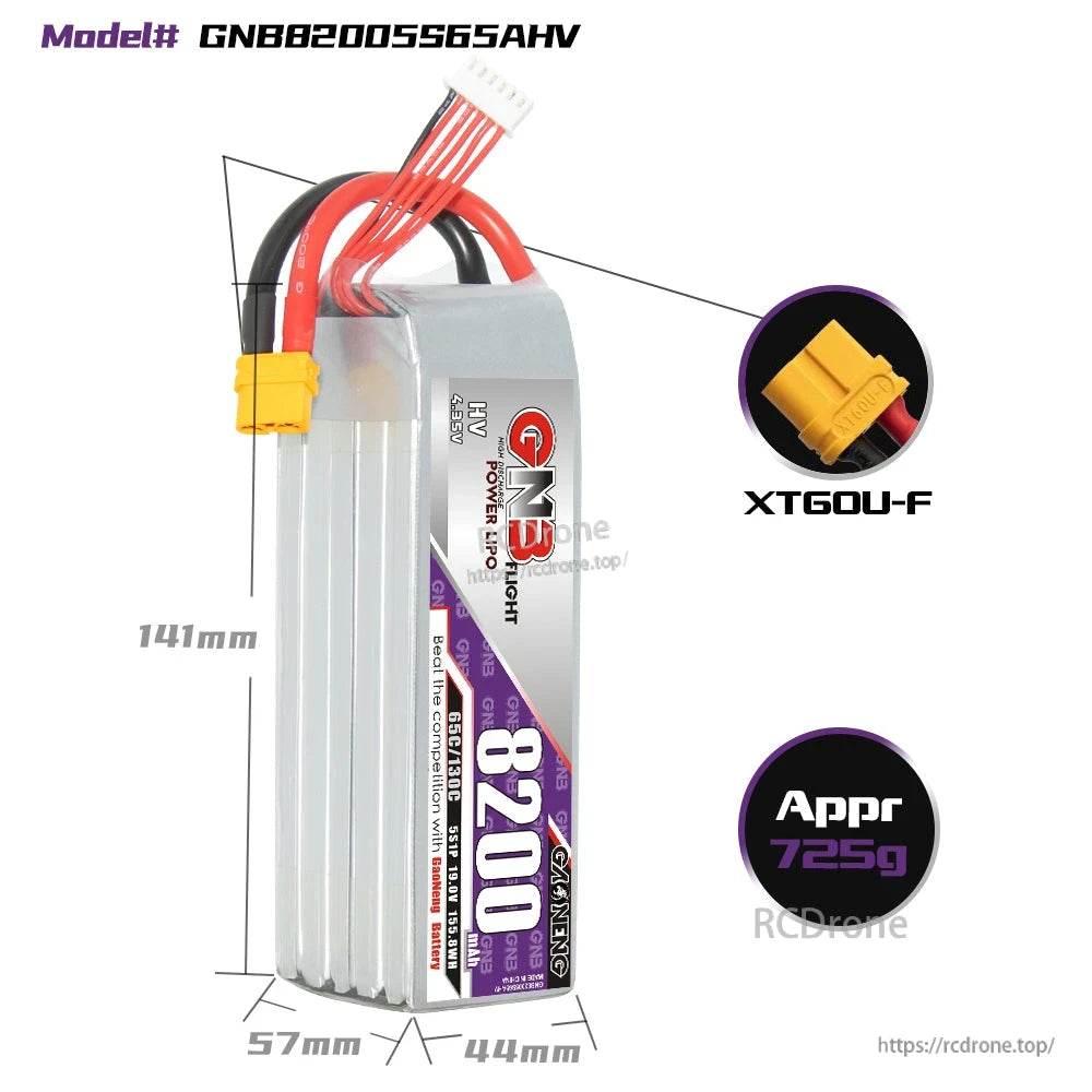 GNB82005S65AHV battery dimensions 141×57×44mm, XT60U-F connector detail, approx 725g