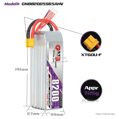 GNB82005S65AHV battery dimensions 141×57×44mm, XT60U-F connector detail, approx 725g
